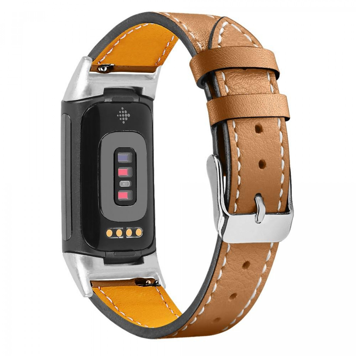 Cinturino in pelle marrone con smartwatch nero e argento. Il cinturino ha una fibbia argentata.