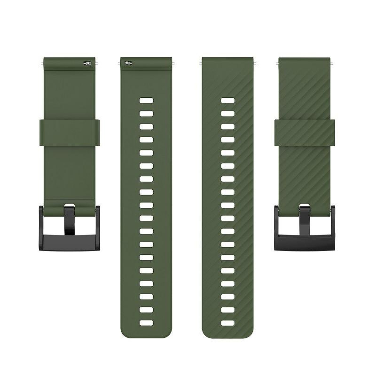 Grüne Uhrenarmbänder mit Löchern und Schnallen, bereit zur Montage.