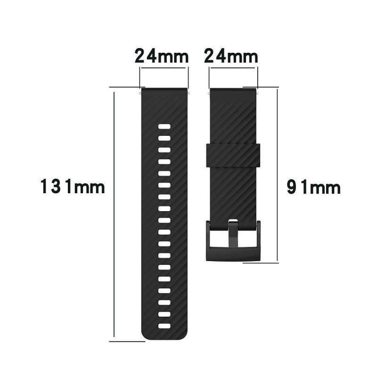 Abmessungen eines Uhrenarmbands, 131 mm lang, 91 mm lang und 24 mm breit.