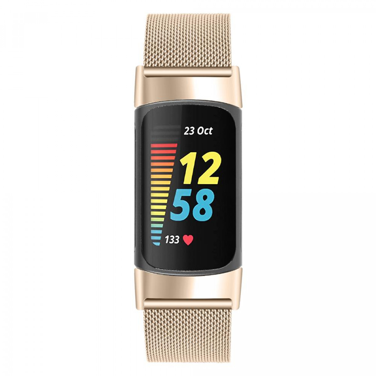 Goldene Smartwatch mit schwarzem Bildschirm, der Zeit und Herzfrequenz anzeigt, auf goldenem Mesh-Band.