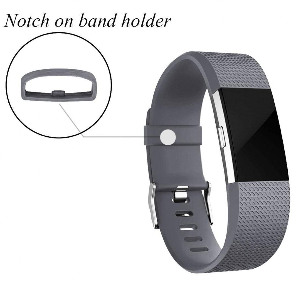 Ein graues Smartwatch-Armband mit kleiner Kerbe, Nahaufnahme der Kerbe.