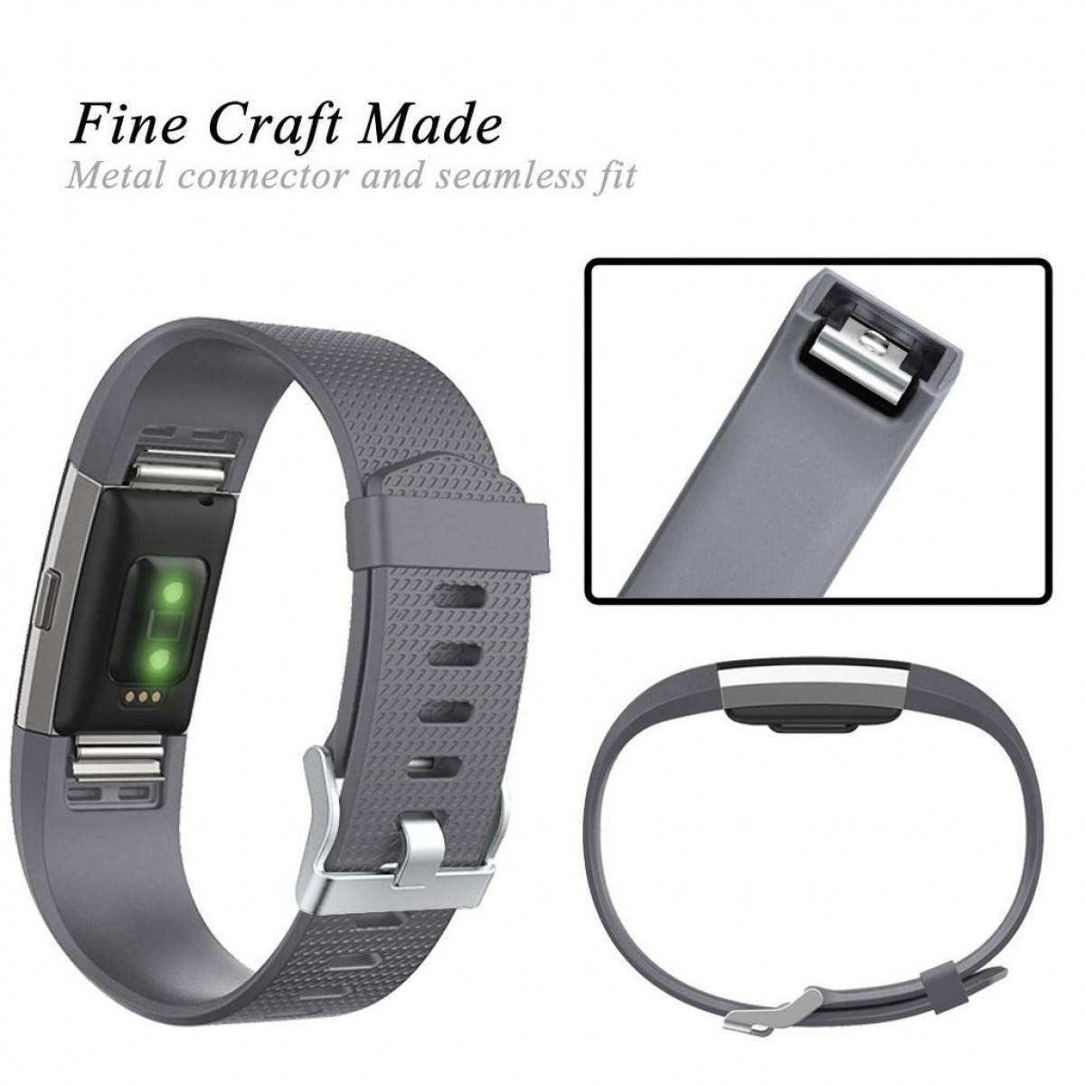 Ein grauer Fitnesstracker mit Nahaufnahme des Armbands und Metallanschluss. Eine Schnalle ist ebenfalls sichtbar.