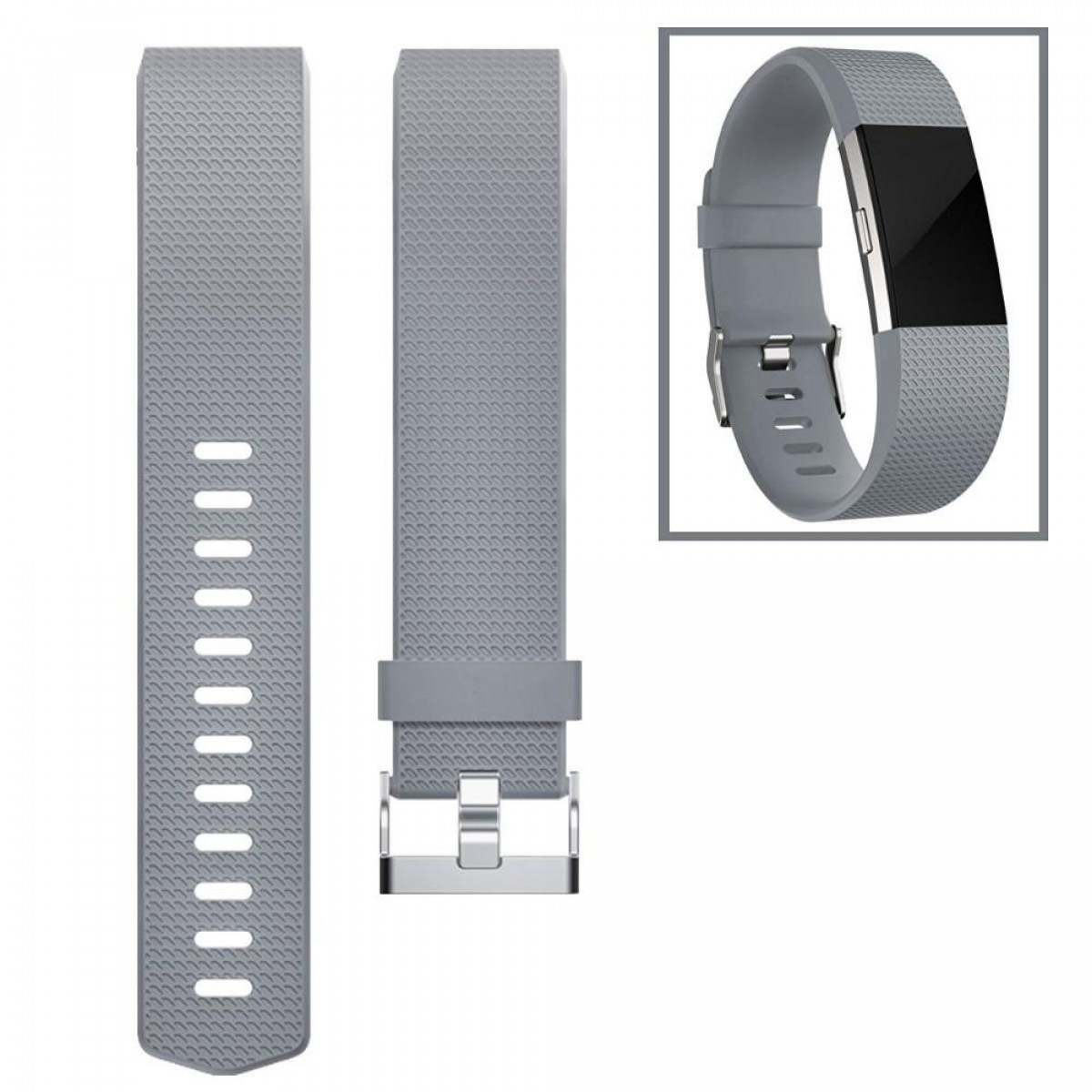 Drei graue Fitbit Charge 2-Armbänder. Eines ist an einem Handgelenk mit Uhr und Schnalle. Die anderen sind flach.