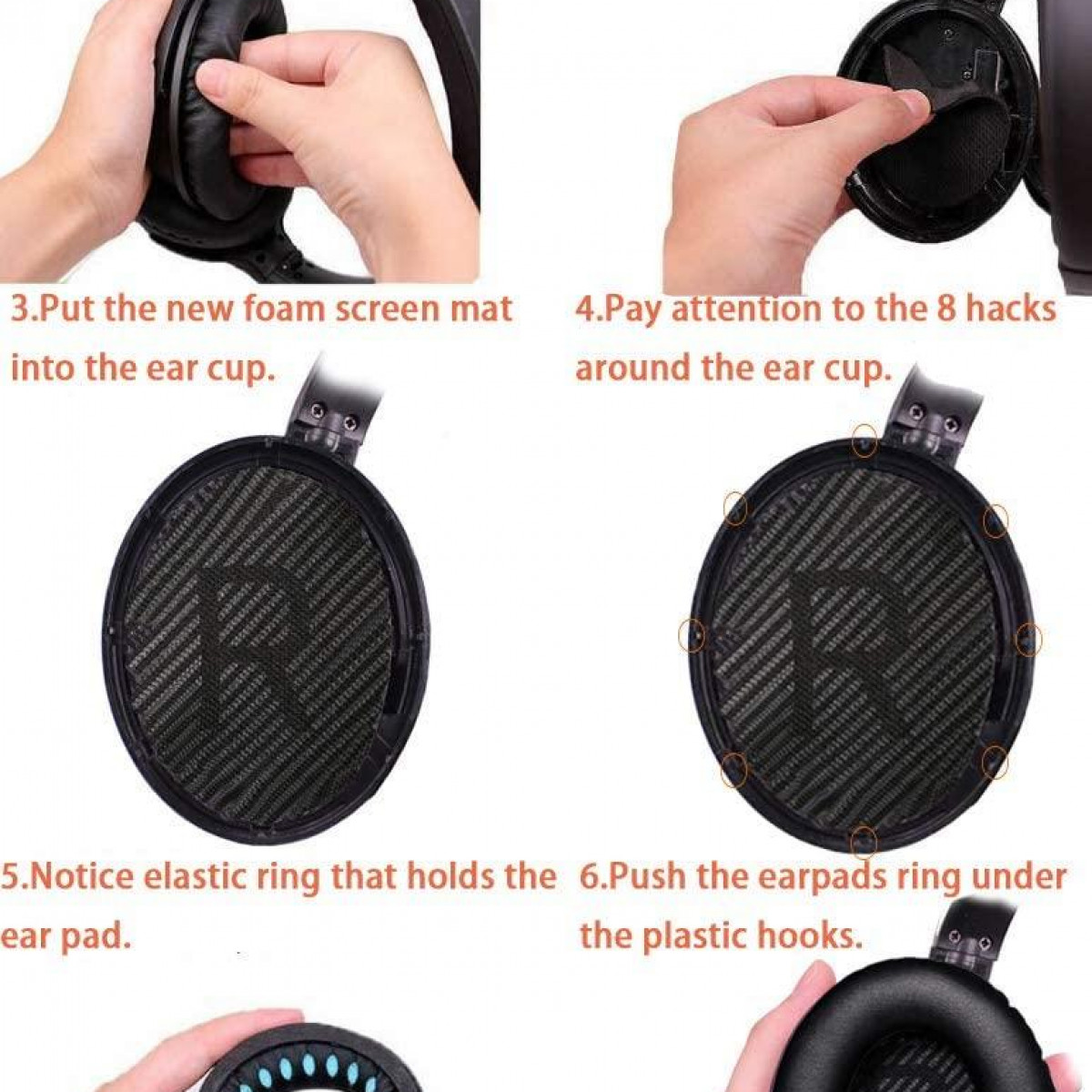 Instrukcje dotyczące wymiany nauszników w słuchawkach, z rękami manipulującymi częściami.