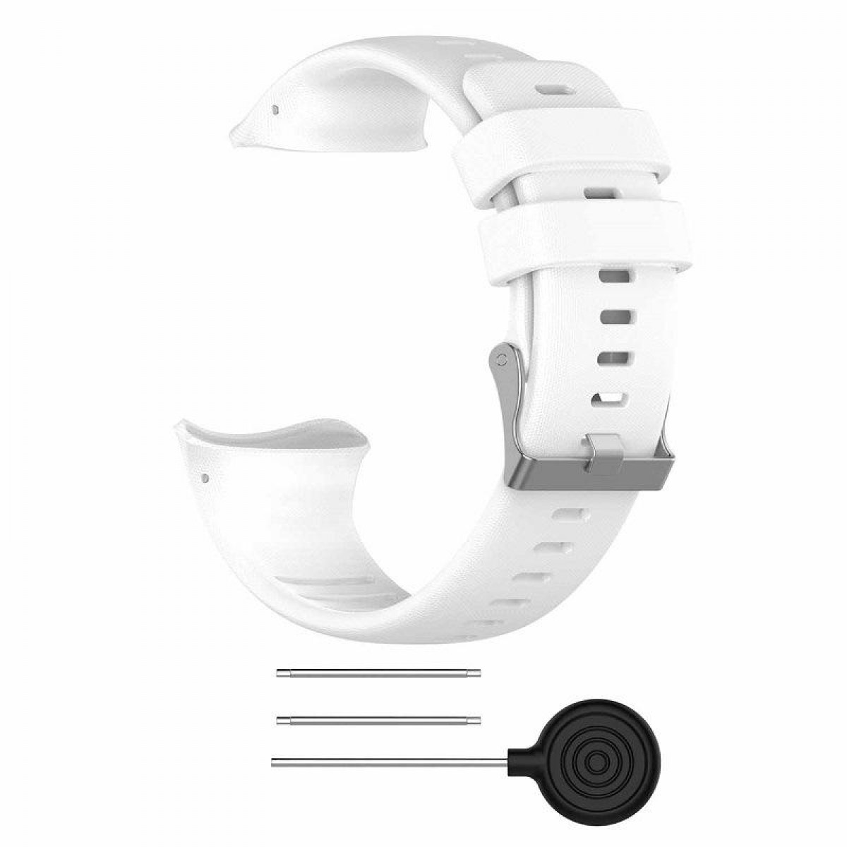 Cinturino bianco con fibbia e perni, con attrezzo. Tutto su sfondo bianco.