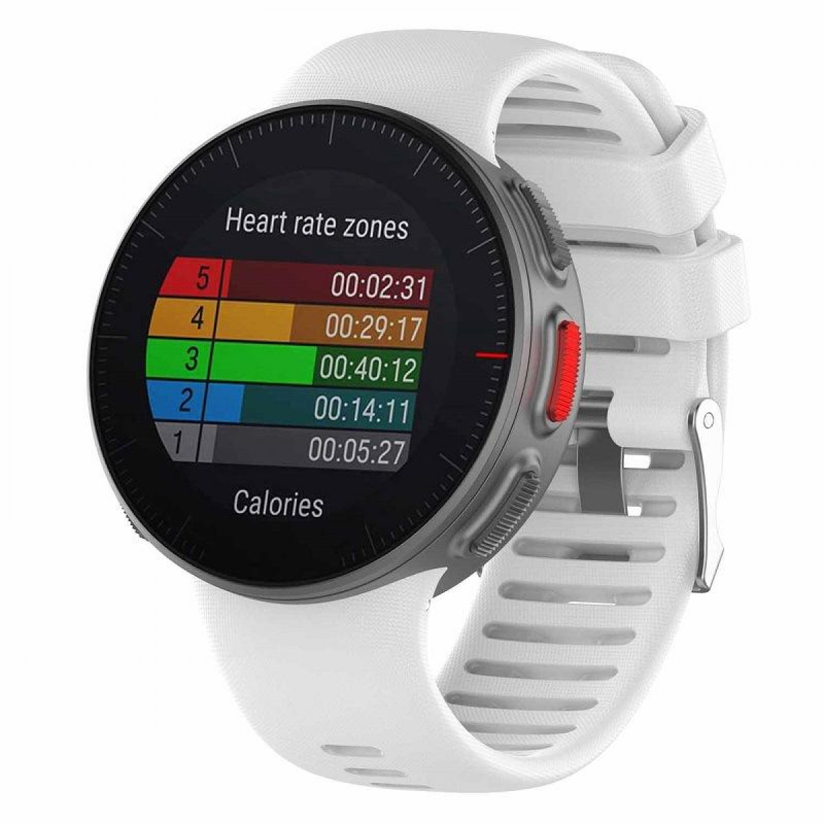 Smartwatch che mostra le zone di frequenza cardiaca e il tempo trascorso in ciascuna. Cinturino bianco.