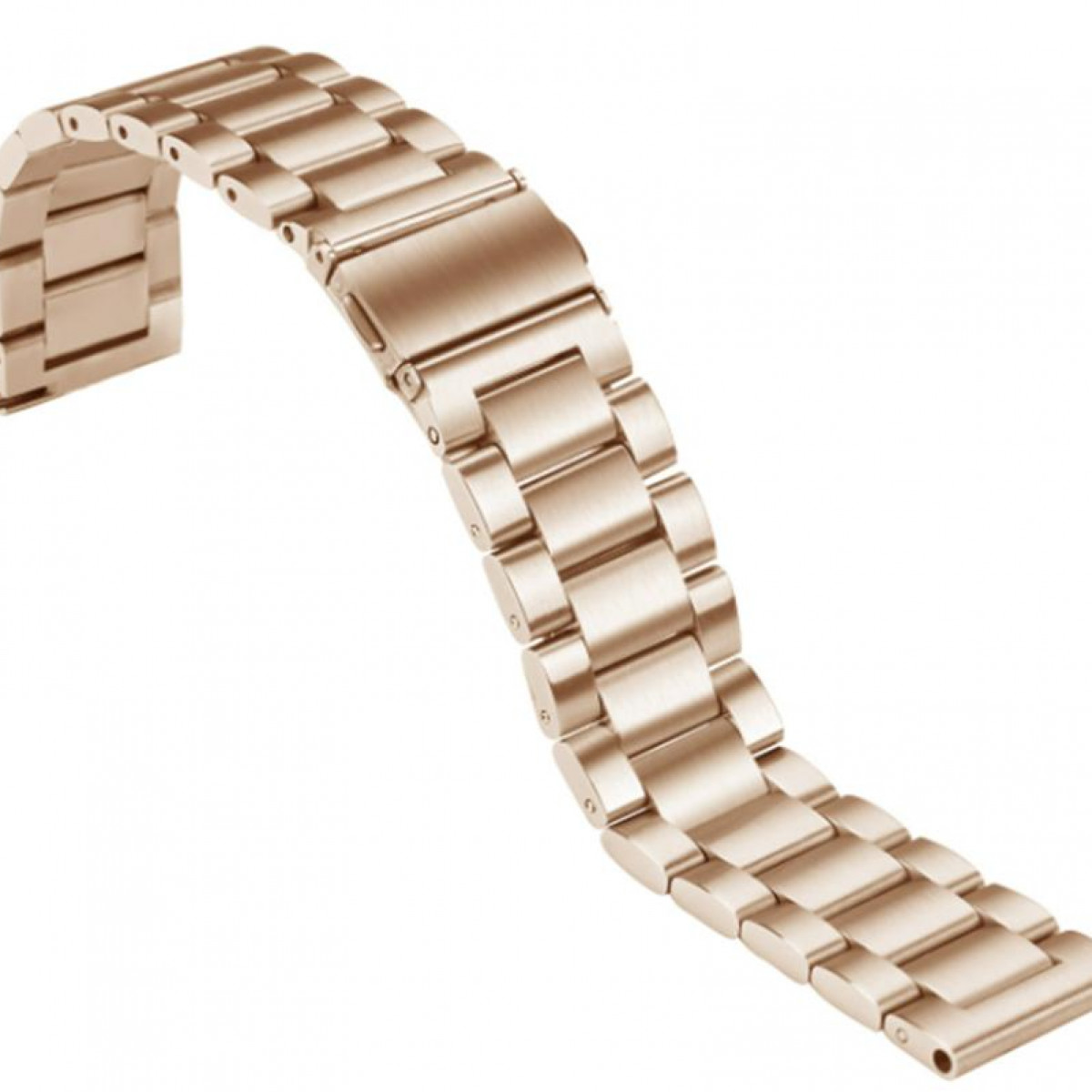 Roségoldenes Uhrenarmband aus Metallgliedern, auf weißem Hintergrund.