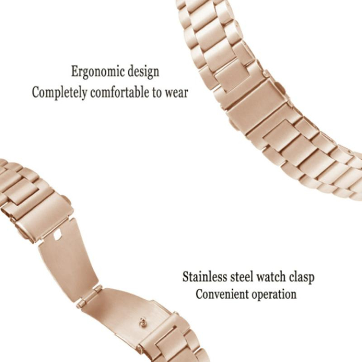 Roségold-Uhrenarmbandteile mit Text. Der Text erwähnt 'Ergonomisches Design' und 'Edelstahl'.
