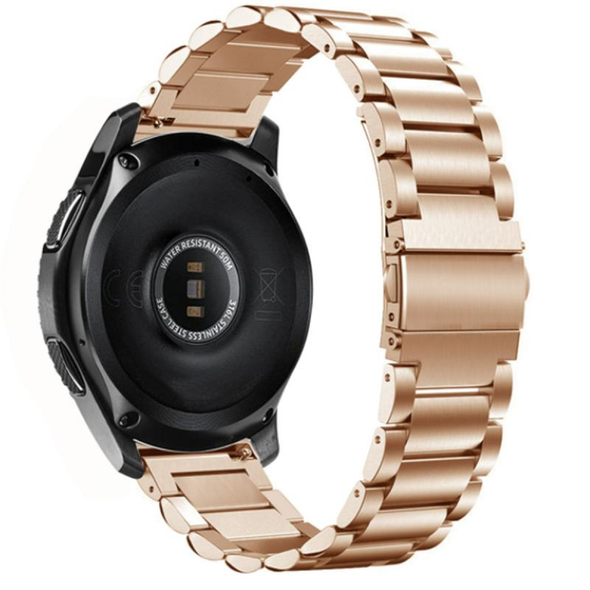 Ein roségoldenes Metall-Uhrenarmband. Die Rückseite einer schwarzen Smartwatch ist sichtbar.