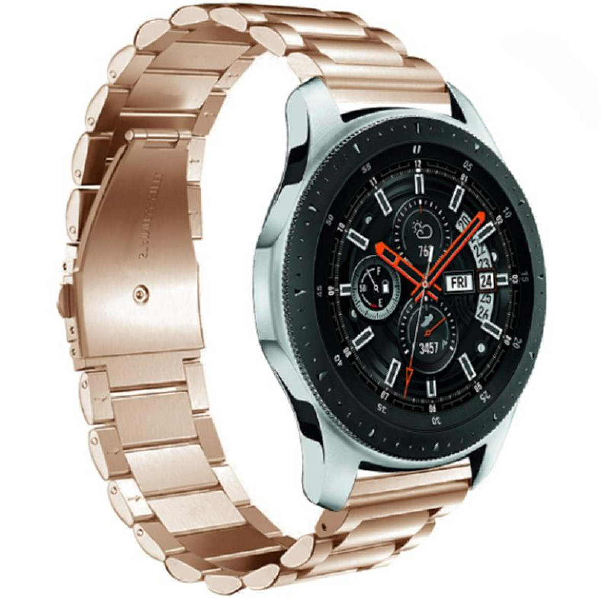 Roségoldene Uhr mit schwarzem Zifferblatt und metallischem Armband.