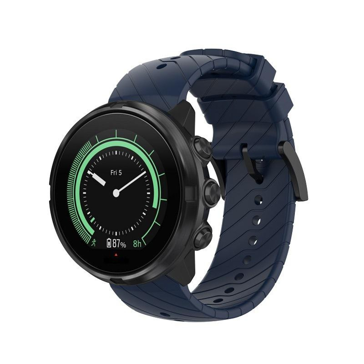 Eine marineblaue Smartwatch mit schwarzem Rahmen und dunkelblauem Armband. Der Bildschirm zeigt Daten.
