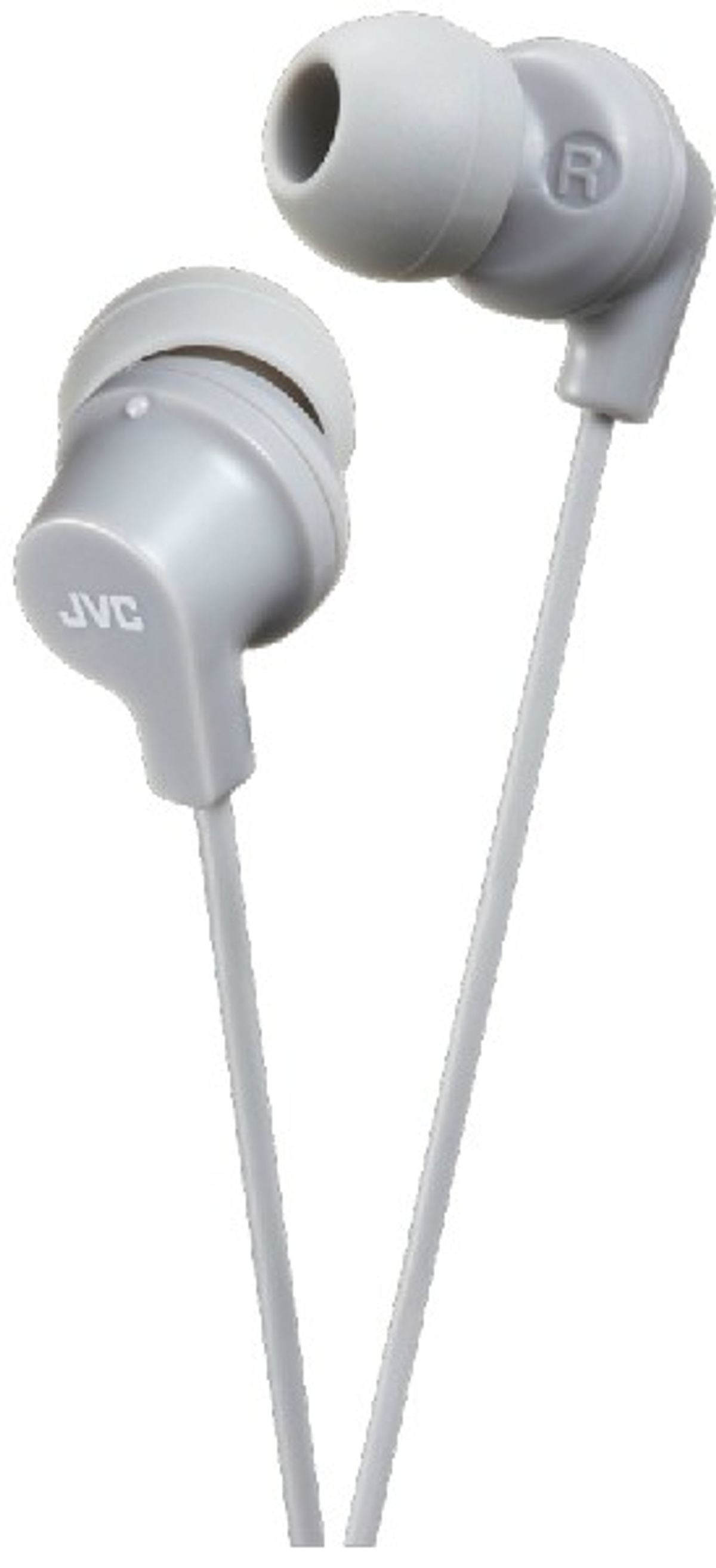 Szare słuchawki douszne z kablem, z marką JVC wydrukowaną na jednej ze słuchawek.