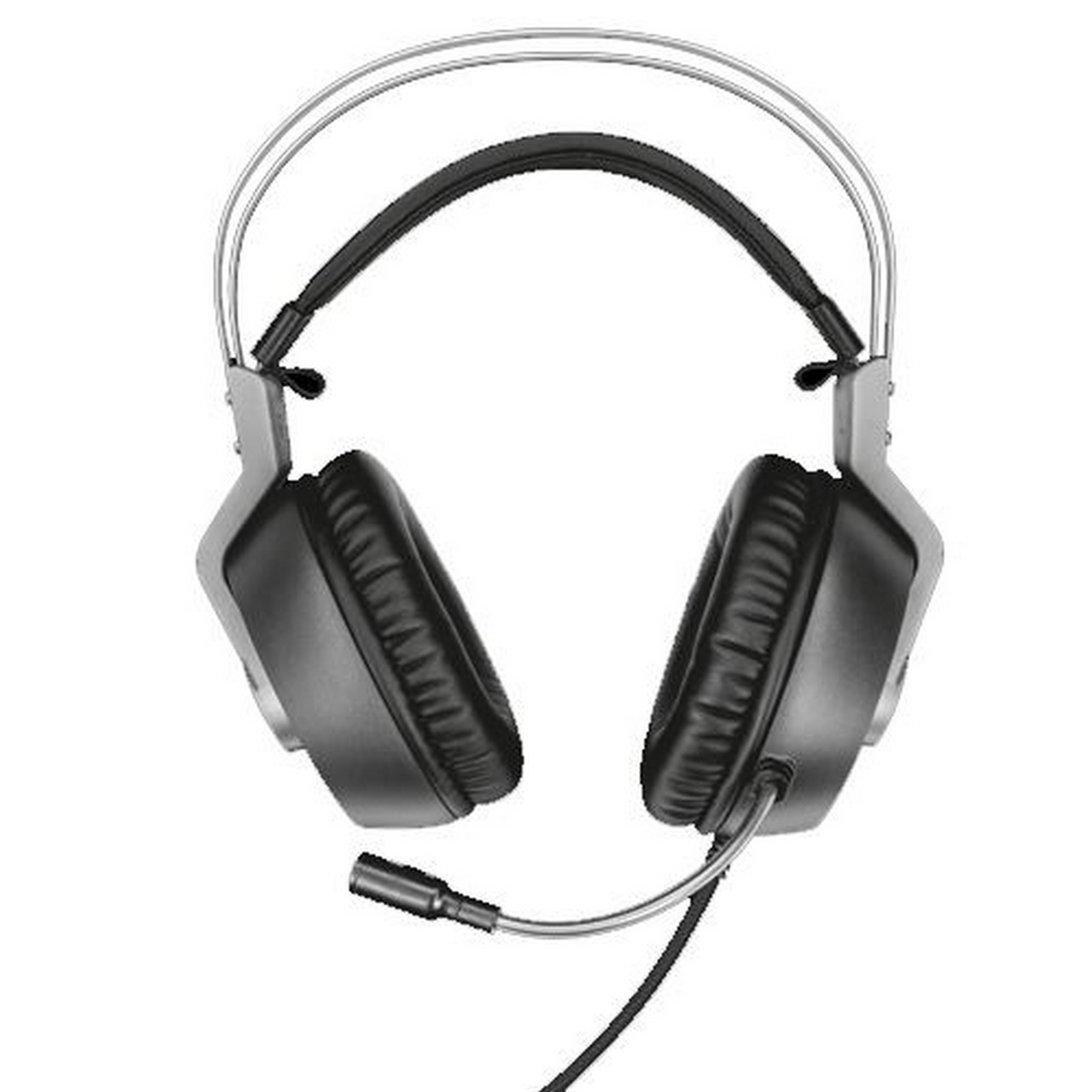 Słuchawki ze srebrnym łukiem, czarnymi nausznikami i mikrofonem.