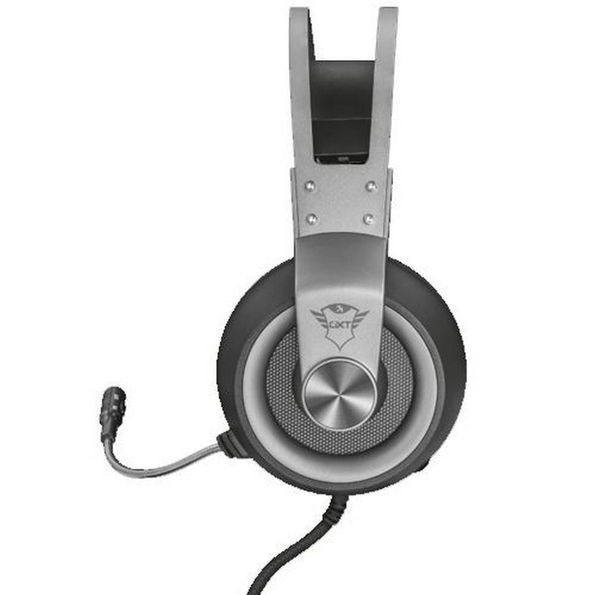 Srebrno-czarny zestaw słuchawkowy dla graczy z mikrofonem i regulowanym pałąkiem. Na słuchawce znajduje się logo.