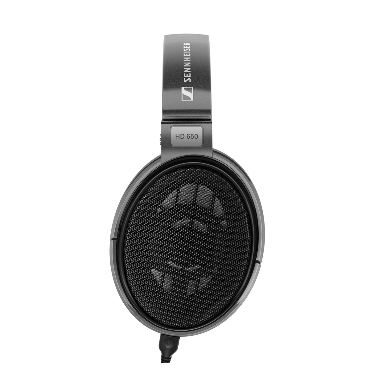 Para ciemnoszarych słuchawek Sennheiser HD 650. Słuchawki znajdują się na białym tle.