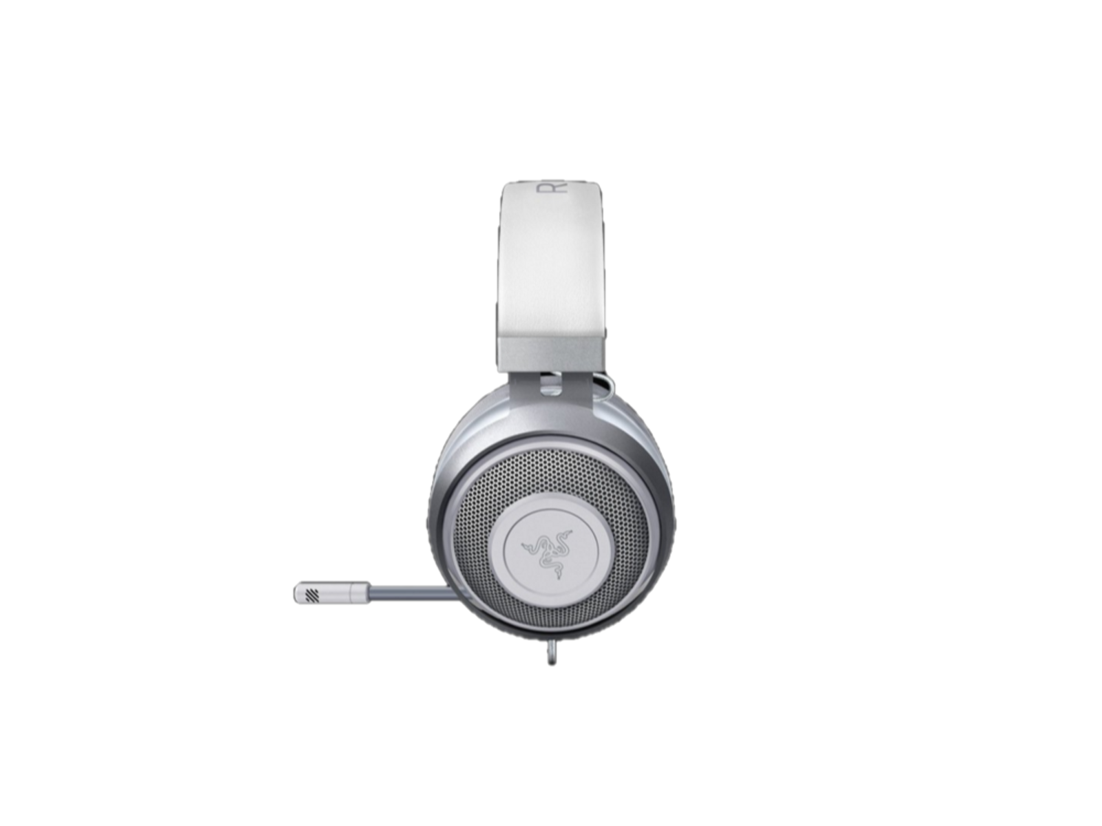 Silberne Razer Gaming-Kopfhörer mit Mikrofon. Die Kopfhörer befinden sich auf schwarzem Hintergrund.