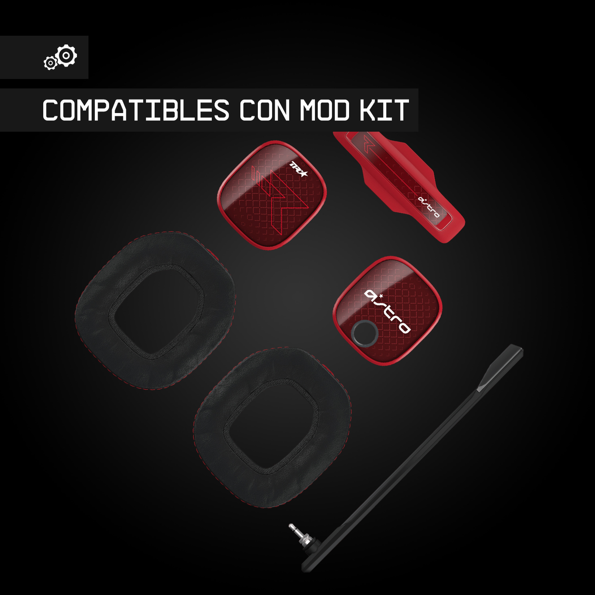 Headset-Mod-Kit mit roten und schwarzen Komponenten auf schwarzem Hintergrund. Enthält Ohrpolster und ein Mikrofon.