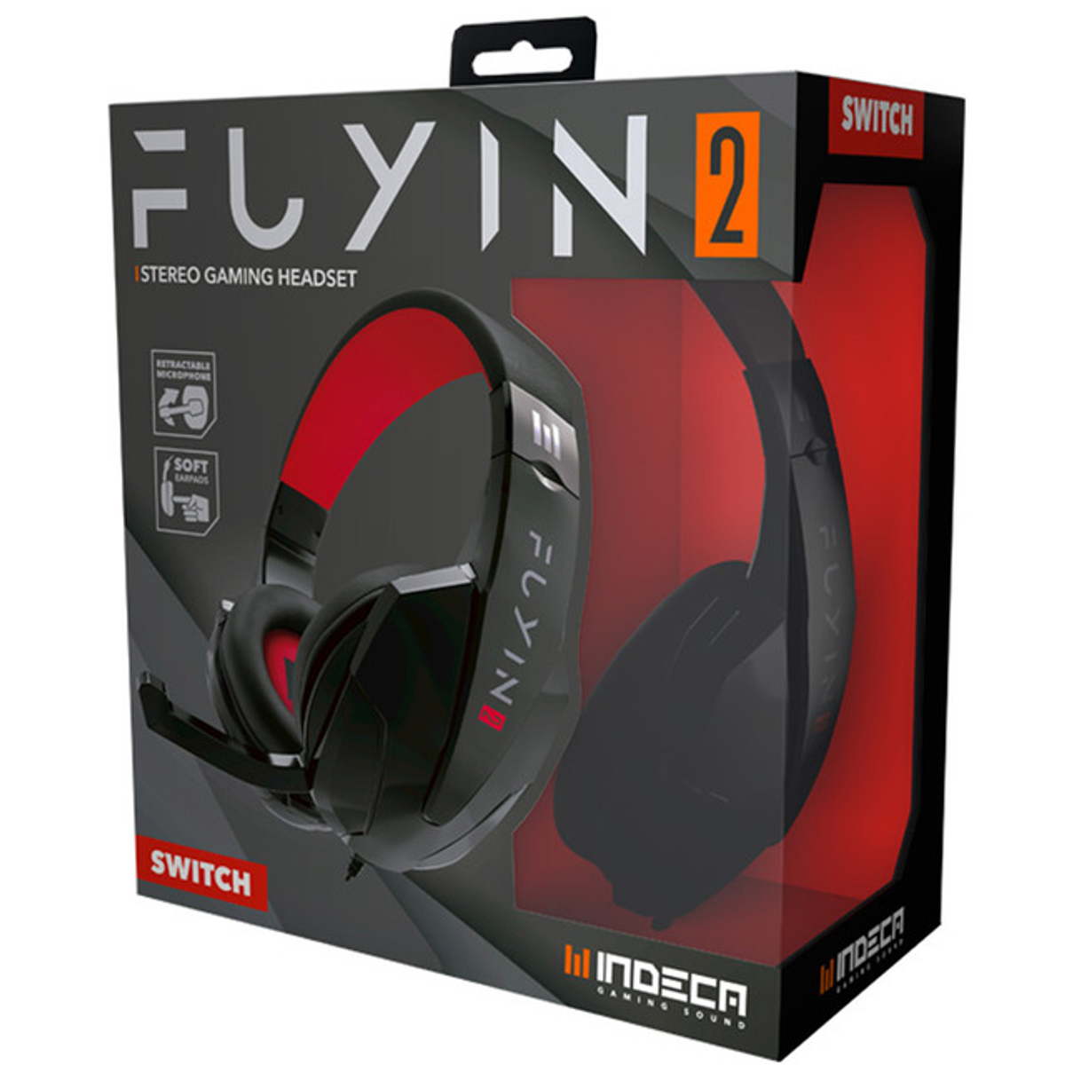Caja de auriculares con diseño negro y rojo, con auriculares y nombre de la marca.