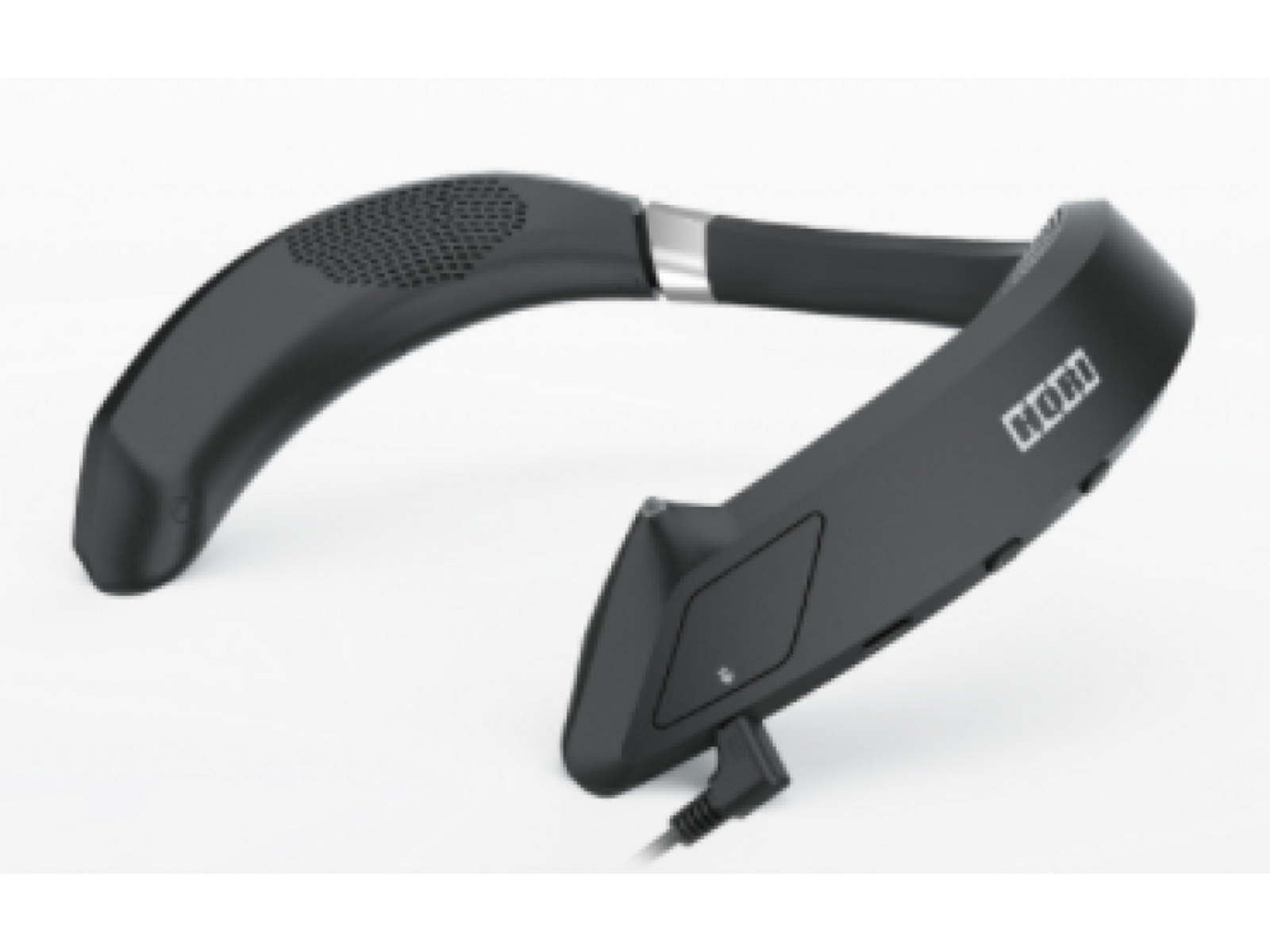 Czarny głośnik na szyję o zakrzywionym kształcie, na białym tle.
