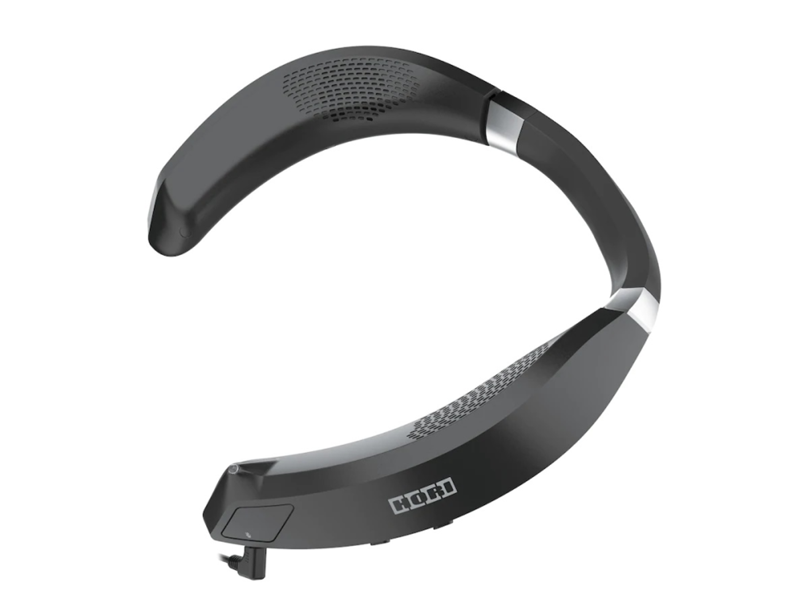 Czarny głośnik na szyję z logo Hori. Ma zakrzywioną konstrukcję z maskownicą głośnika na górze.