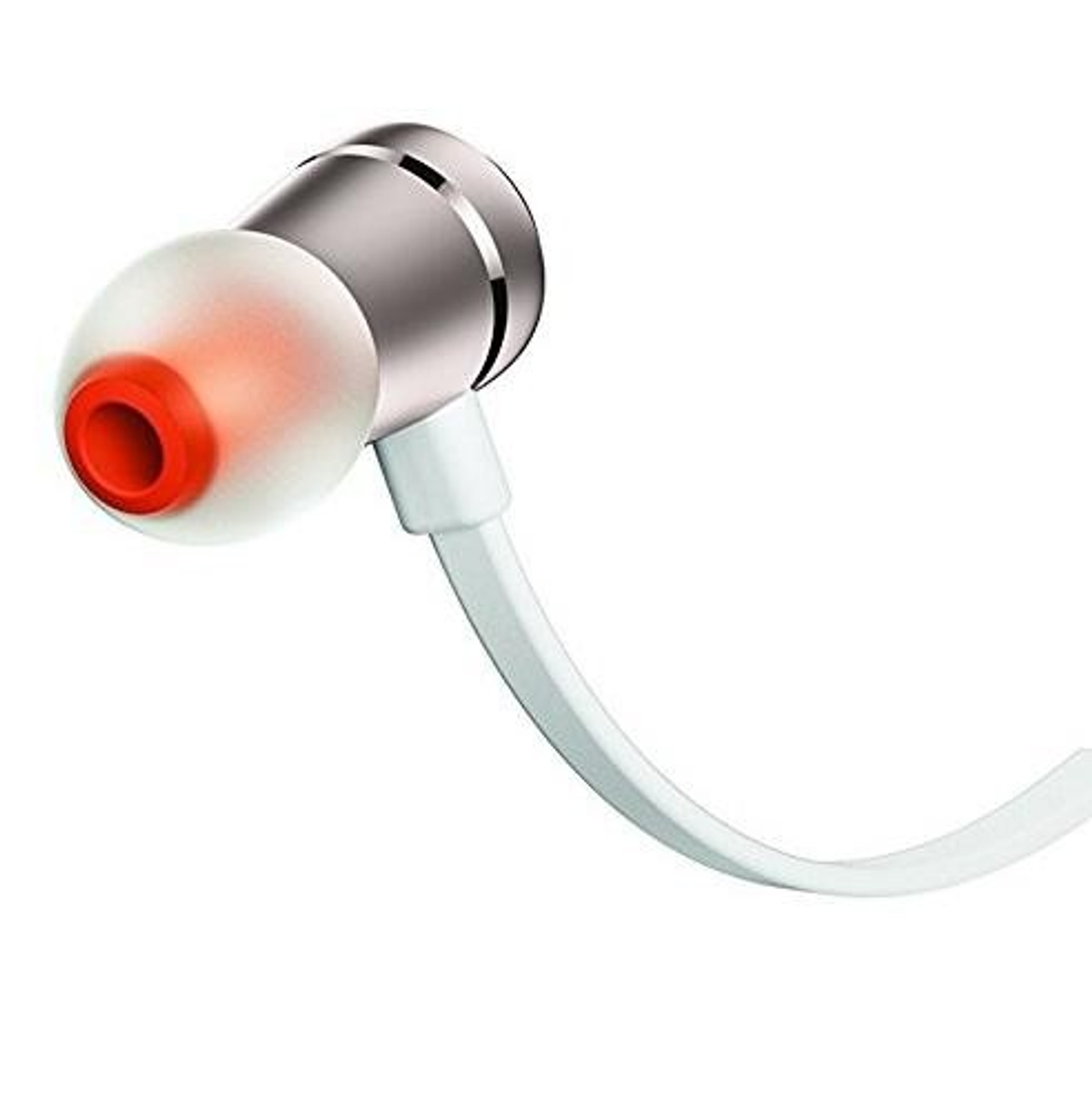 Słuchawka z białym kablem i pomarańczową końcówką, na białym tle.