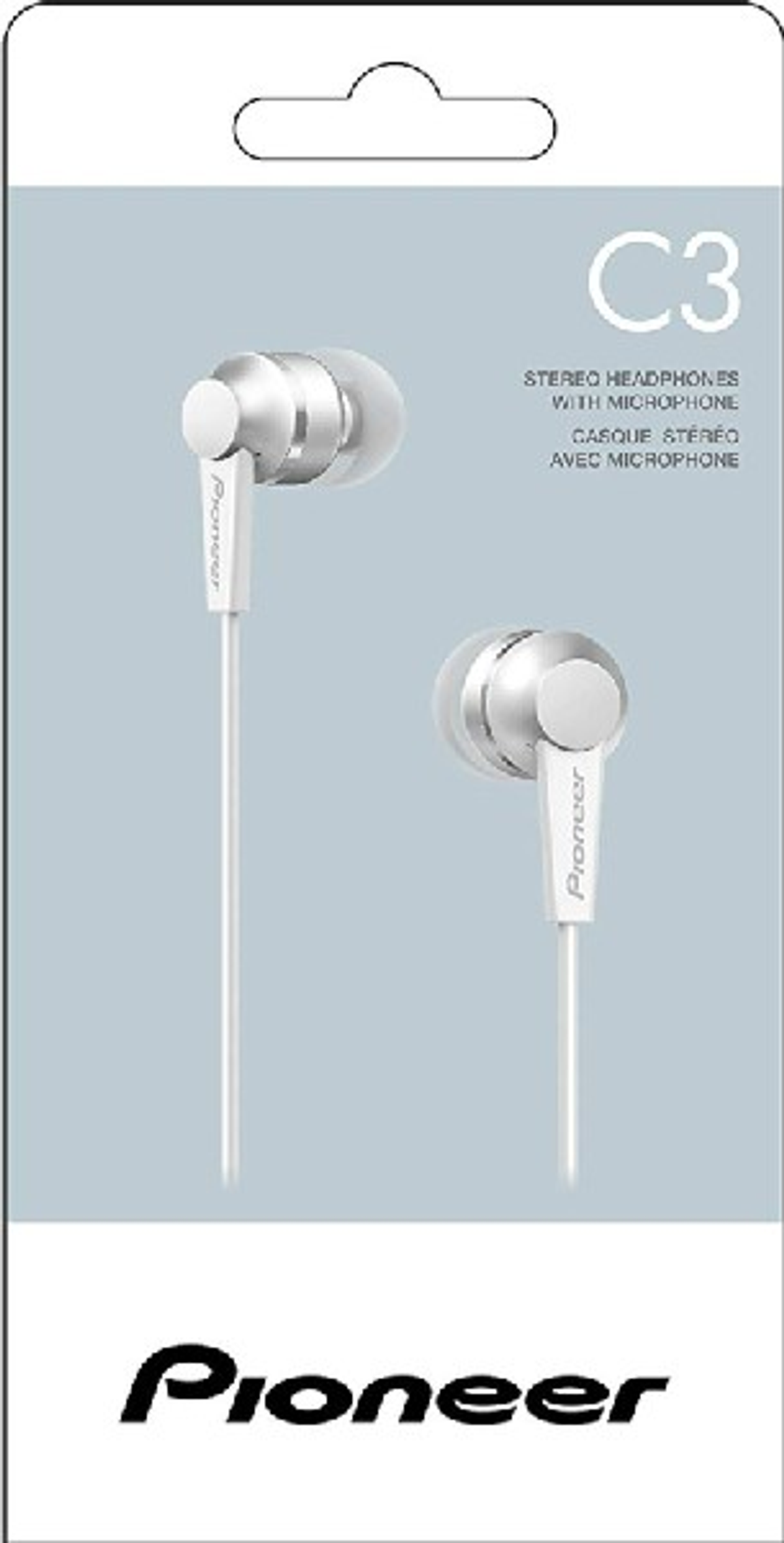 Opakowanie słuchawek stereo Pioneer C3 z mikrofonem, ze srebrnymi słuchawkami i białym kablem.