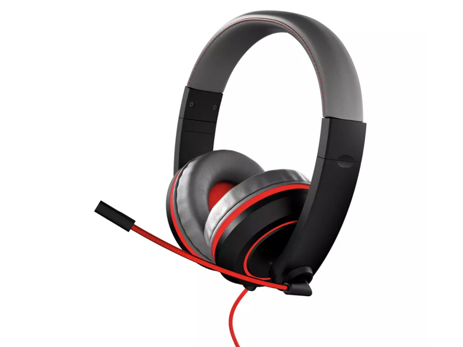 Czarne i szare słuchawki gamingowe z czerwonym akcentem i mikrofonem.