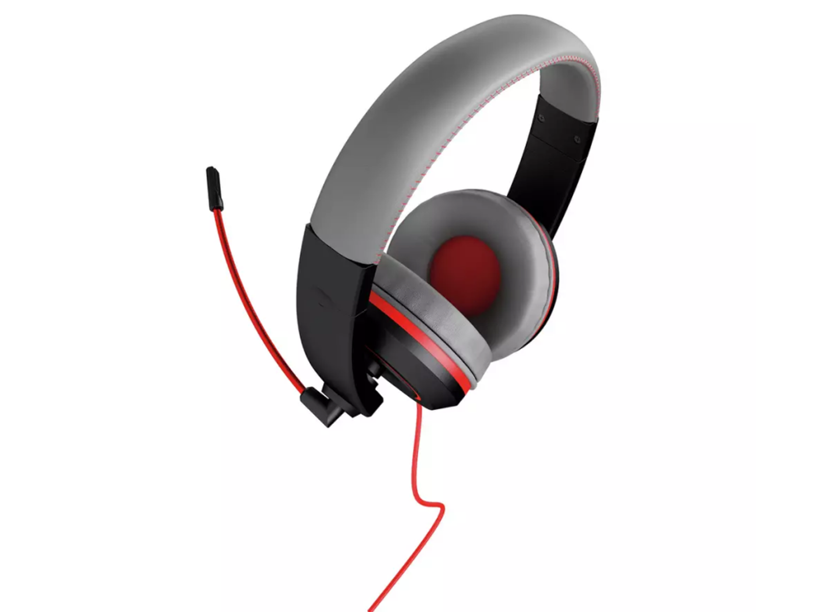Szare i czerwone słuchawki z czerwonym mikrofonem. Mają czerwony kabel i są na białym tle.