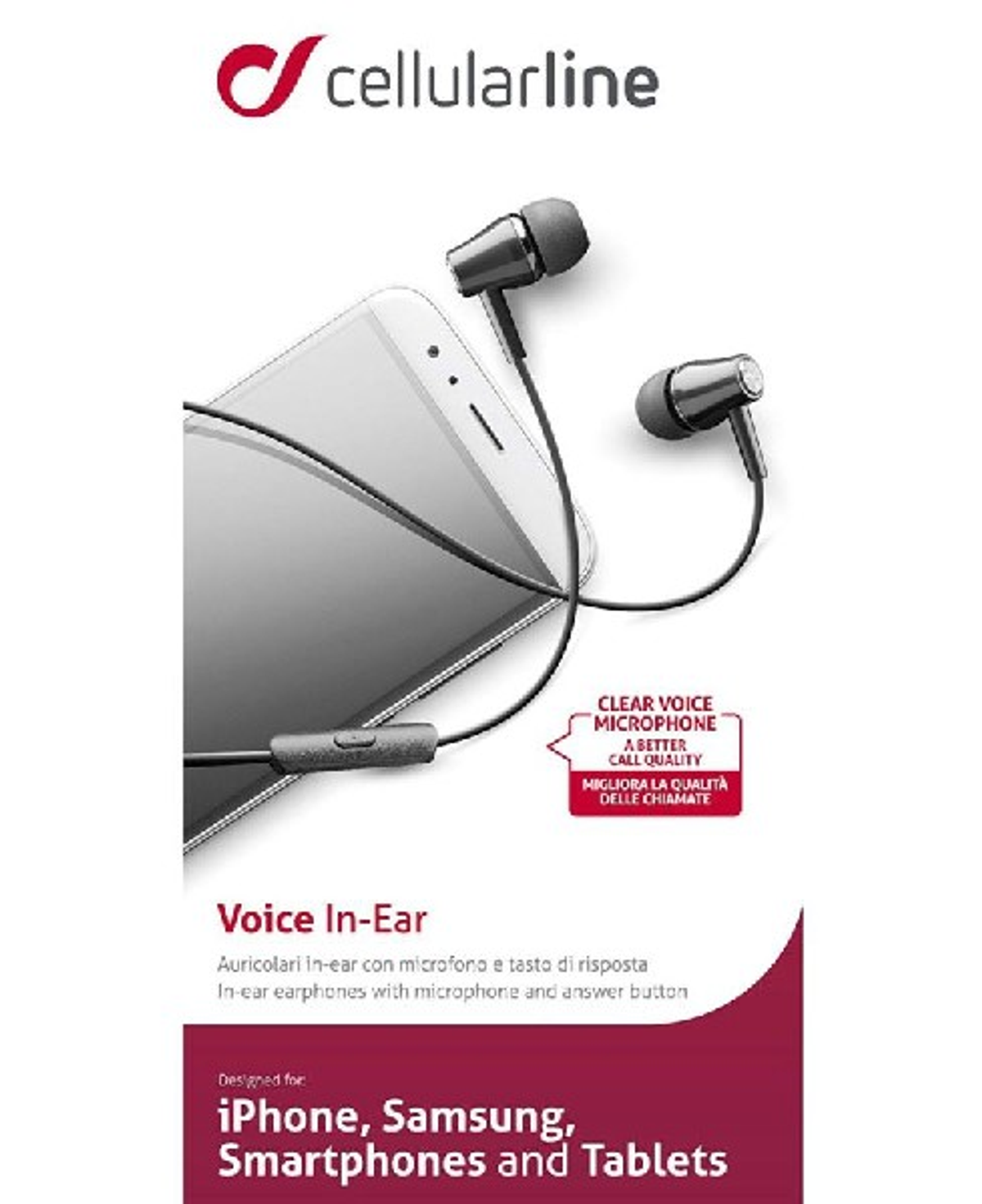 Biały smartfon ze słuchawkami dousznymi, tekst Voice In-Ear.