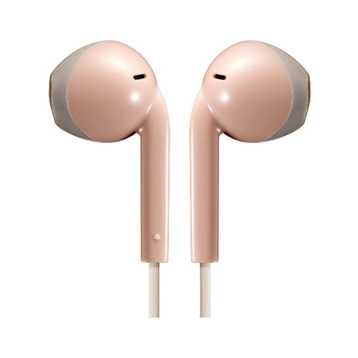 Para różowych słuchawek z białymi kablami na białym tle.