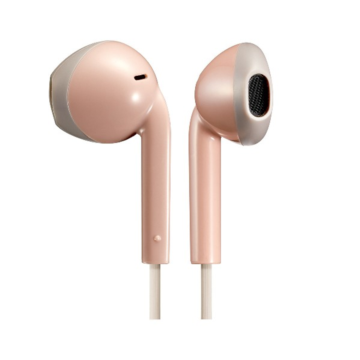 Dwa różowe i szare słuchawki douszne z białymi przewodami, lekko skierowane w stronę widza.