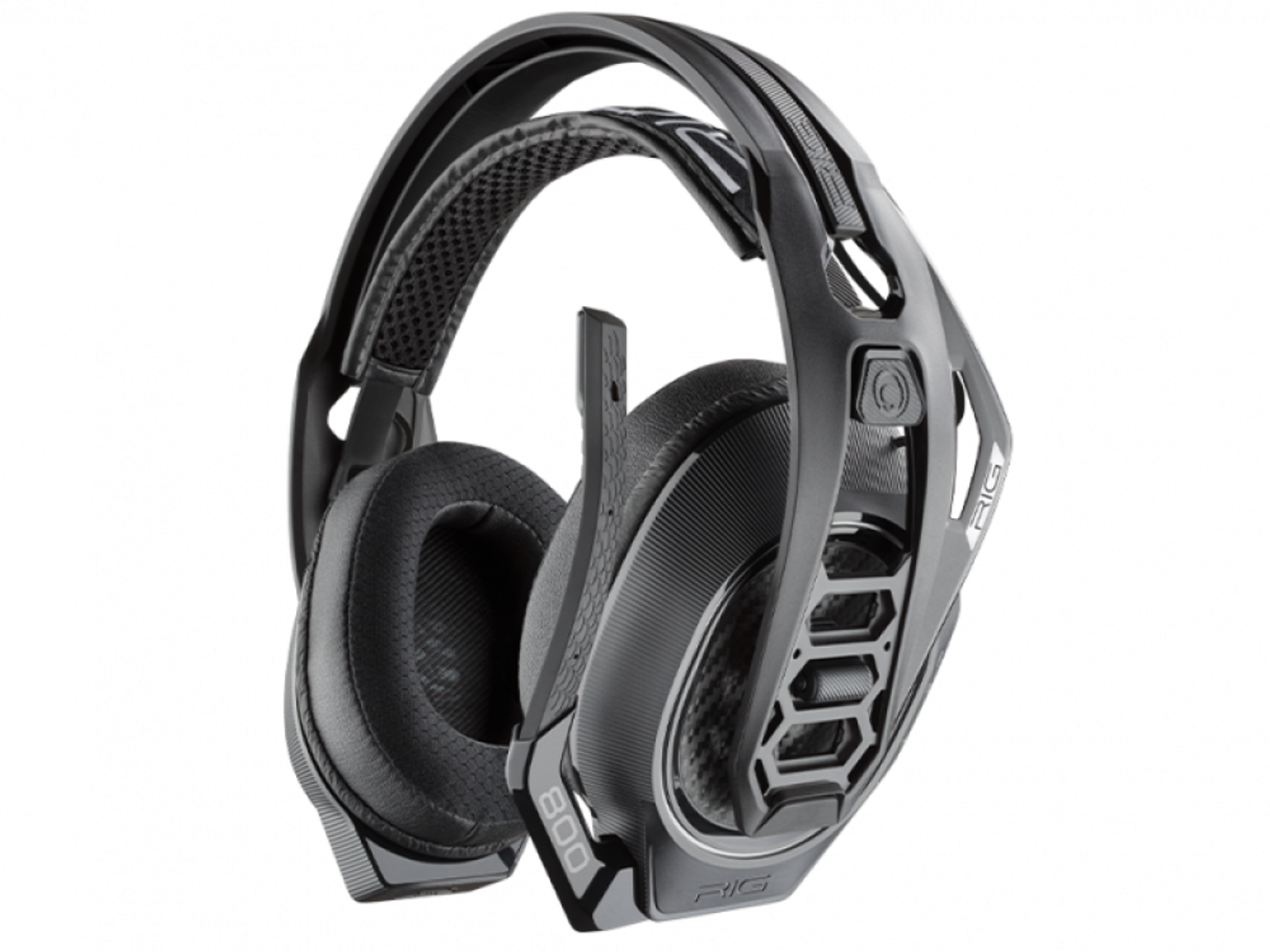 Cuffie da gaming nere. È un'auricolare con microfono a braccio e padiglioni con dettagli a rete. Il marchio è visibile.