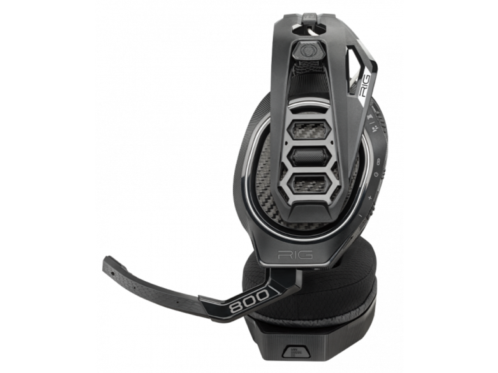 Cuffie da gioco nere e grigie con microfono, etichettate 'RIG 800'.