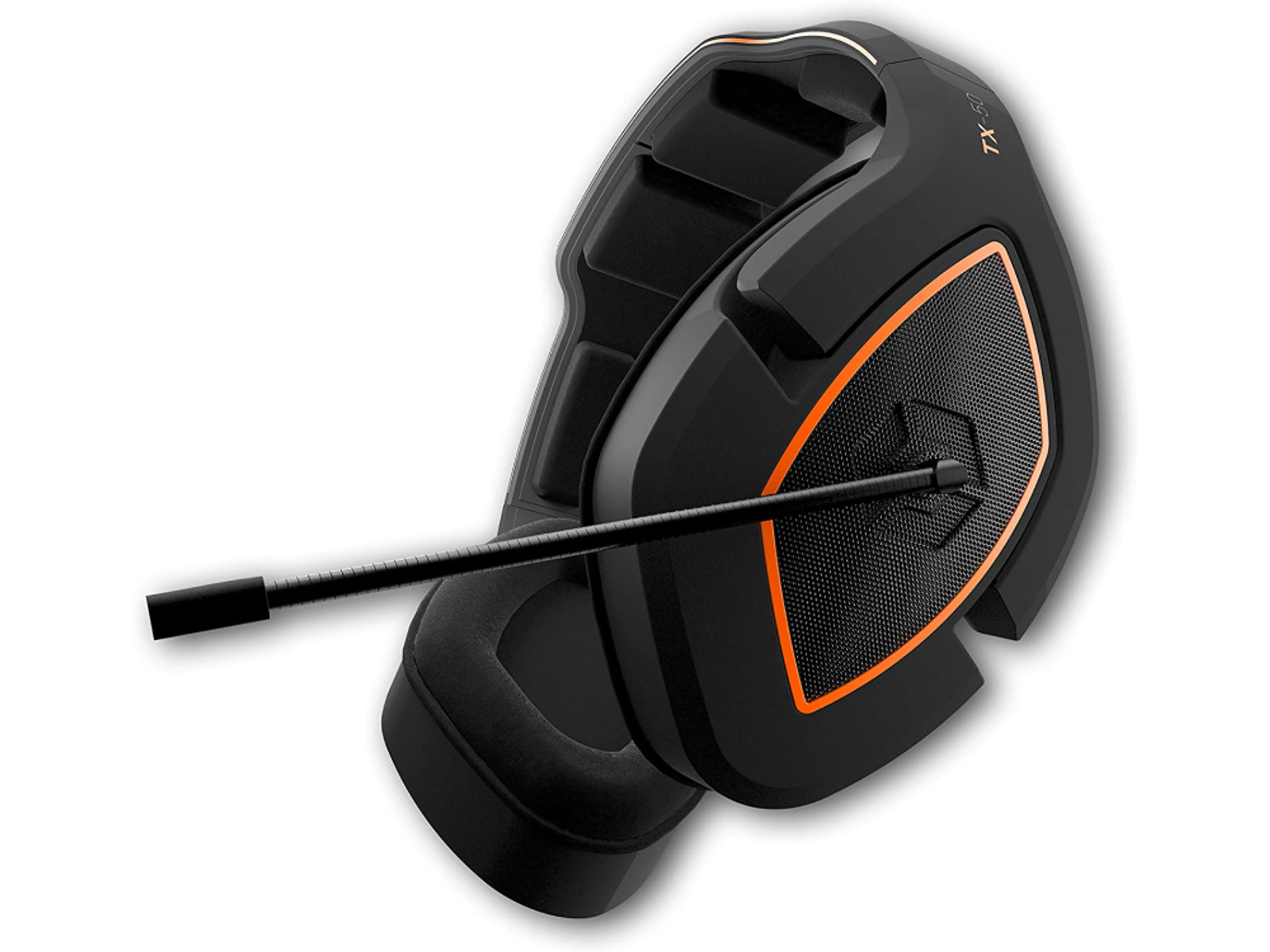 Czarny i pomarańczowy zestaw słuchawkowy dla graczy z mikrofonem, na białym tle.