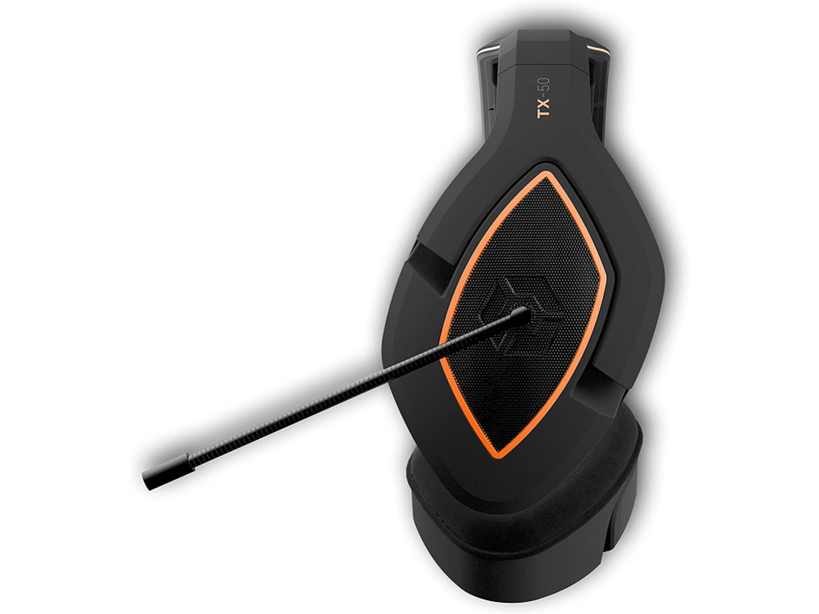 Czarny zestaw słuchawkowy do gier z pomarańczowym akcentem. Zestaw słuchawkowy ma elastyczny mikrofon i logo.