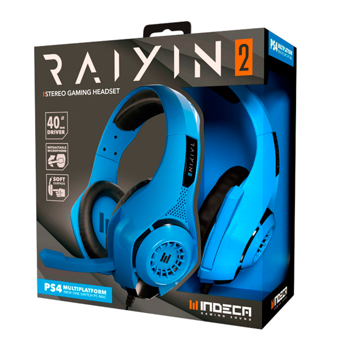 Cuffie da gioco blu in una scatola. La scatola ha il marchio 'Raiyin 2'.