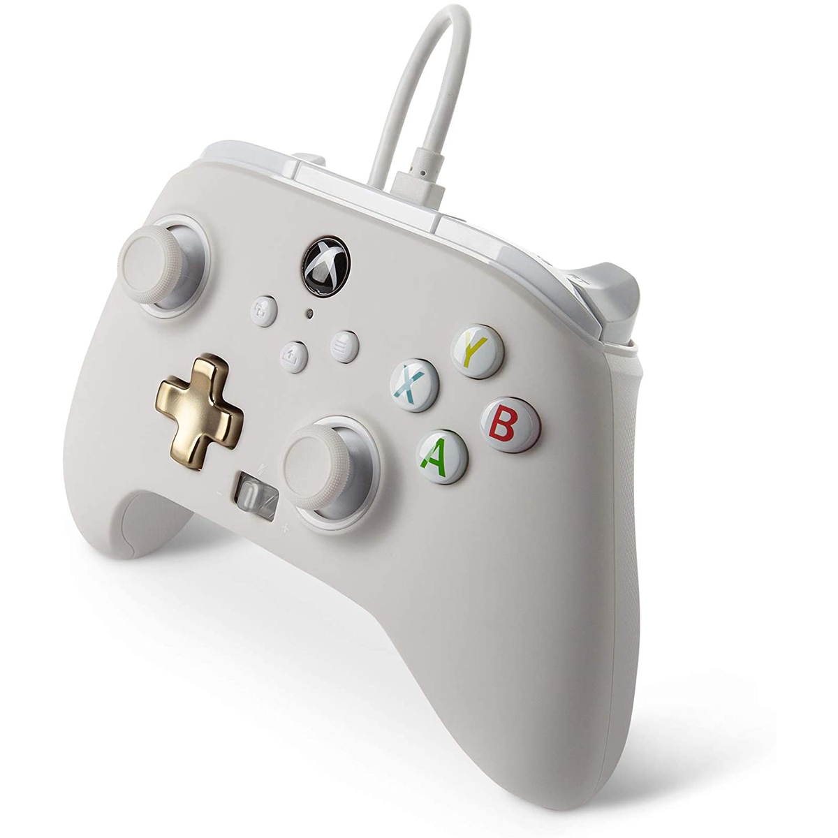 Biały kontroler Xbox ze złotym przyciskiem krzyża. Posiada przyciski w różnych kolorach.