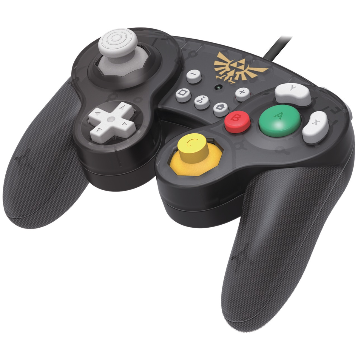 Czarny kontroler GameCube z logo Zeldy. Przyciski są kolorowe i widoczny jest joystick.