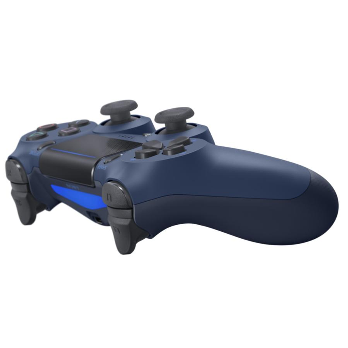 Ein marineblauer Gamecontroller mit zwei Analogsticks und Knöpfen. Weißer Hintergrund.