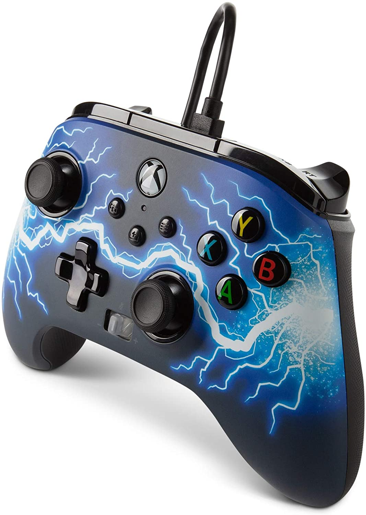 Niebieski kontroler Xbox z wzorem błyskawic, czarne przyciski i joysticki.