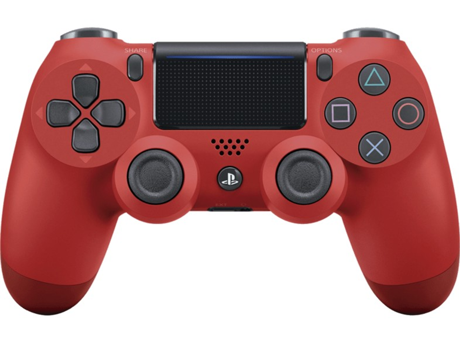 Rode PlayStation 4 controller met knoppen en touchpad. Zwarte knoppen en details. Witte achtergrond.