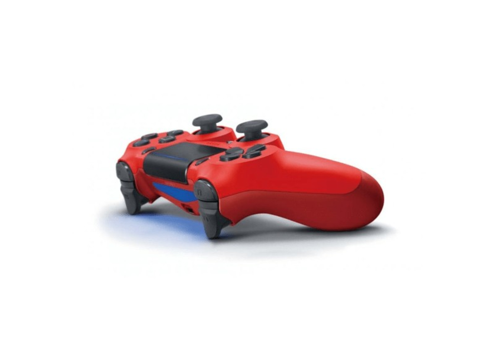 Rode PS4-controller met zwarte knoppen en een touchpad. Op een witte achtergrond.