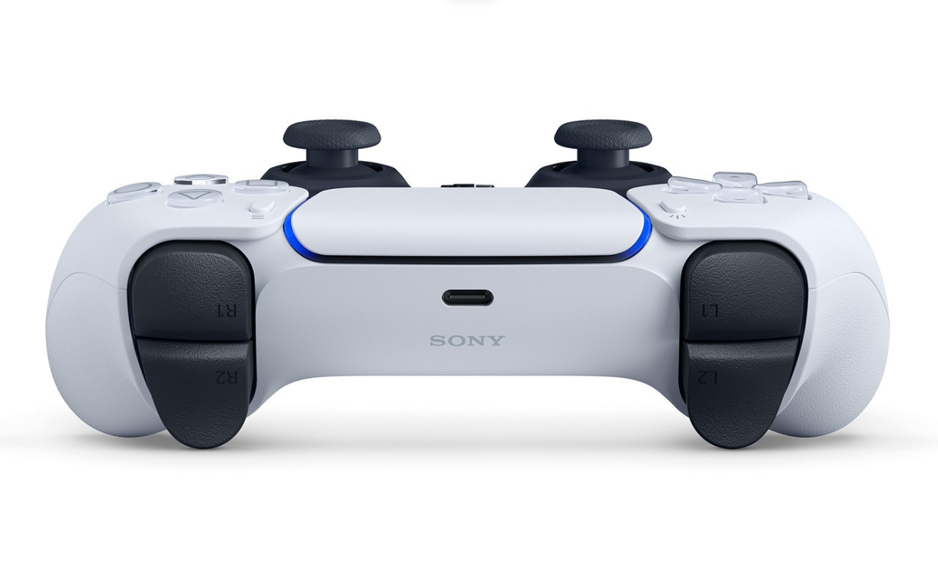 Biały kontroler PlayStation 5, czarne joysticki, logo Sony, białe tło.