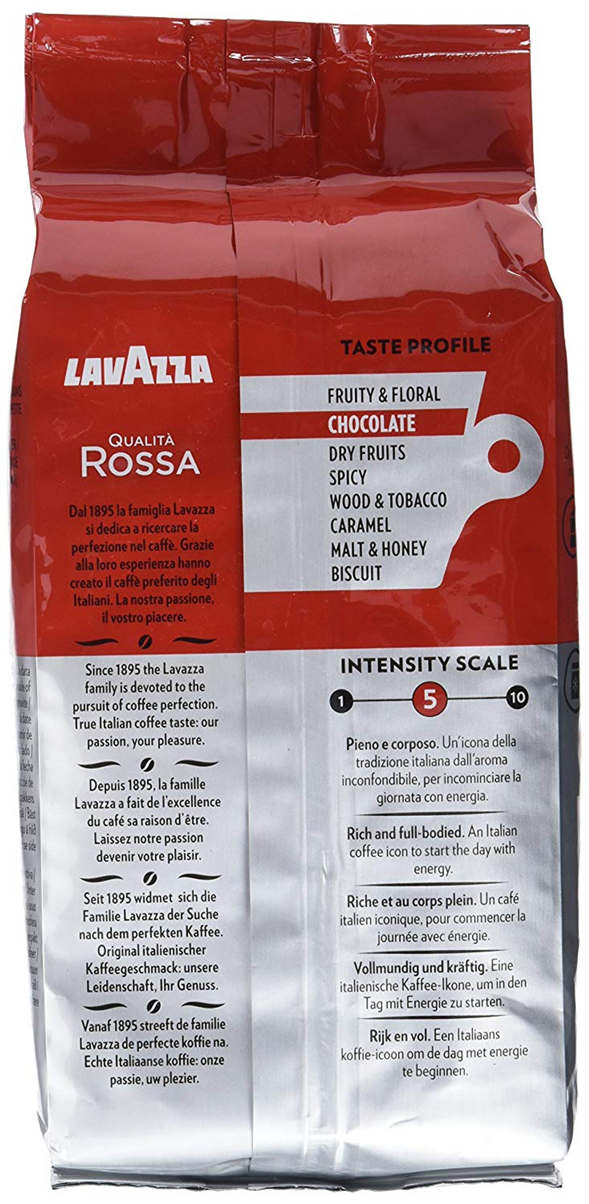 Sacchetto di caffè Lavazza Qualità Rossa con profilo aromatico e scala intensità.