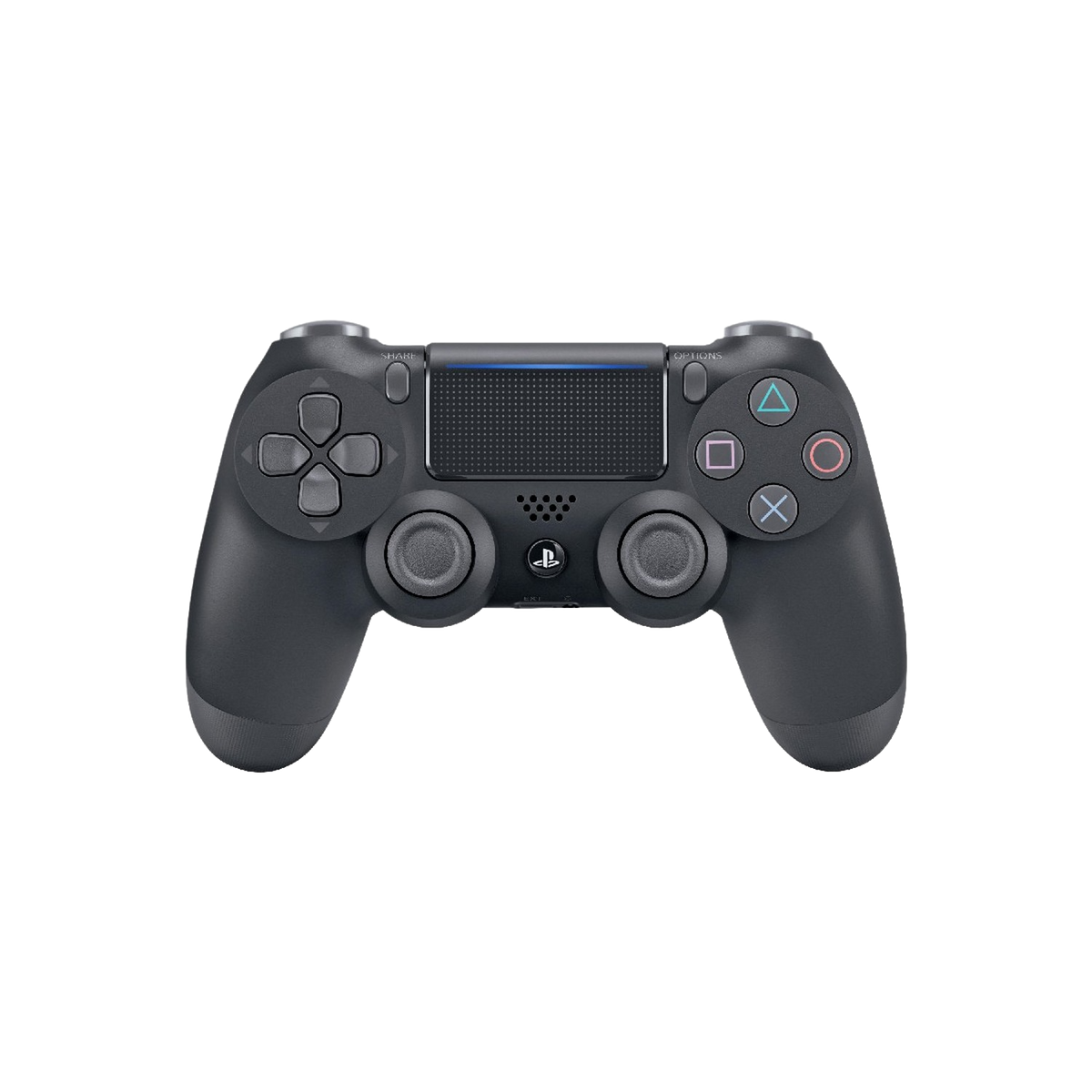 Czarny kontroler PlayStation 4 na czarnym tle. Przyciski obejmują krzyżyk, kółko, kwadrat i trójkąt.