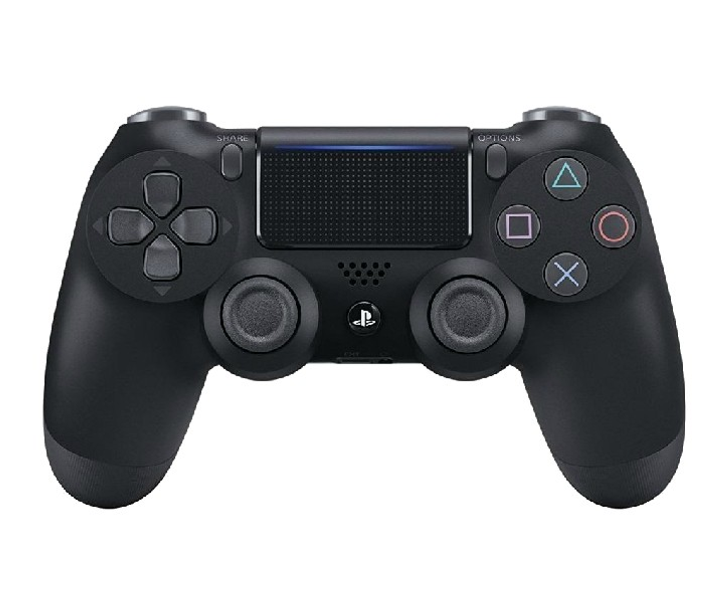 Czarny kontroler PlayStation 4. Posiada standardowe przyciski, krzyżak i joysticki.