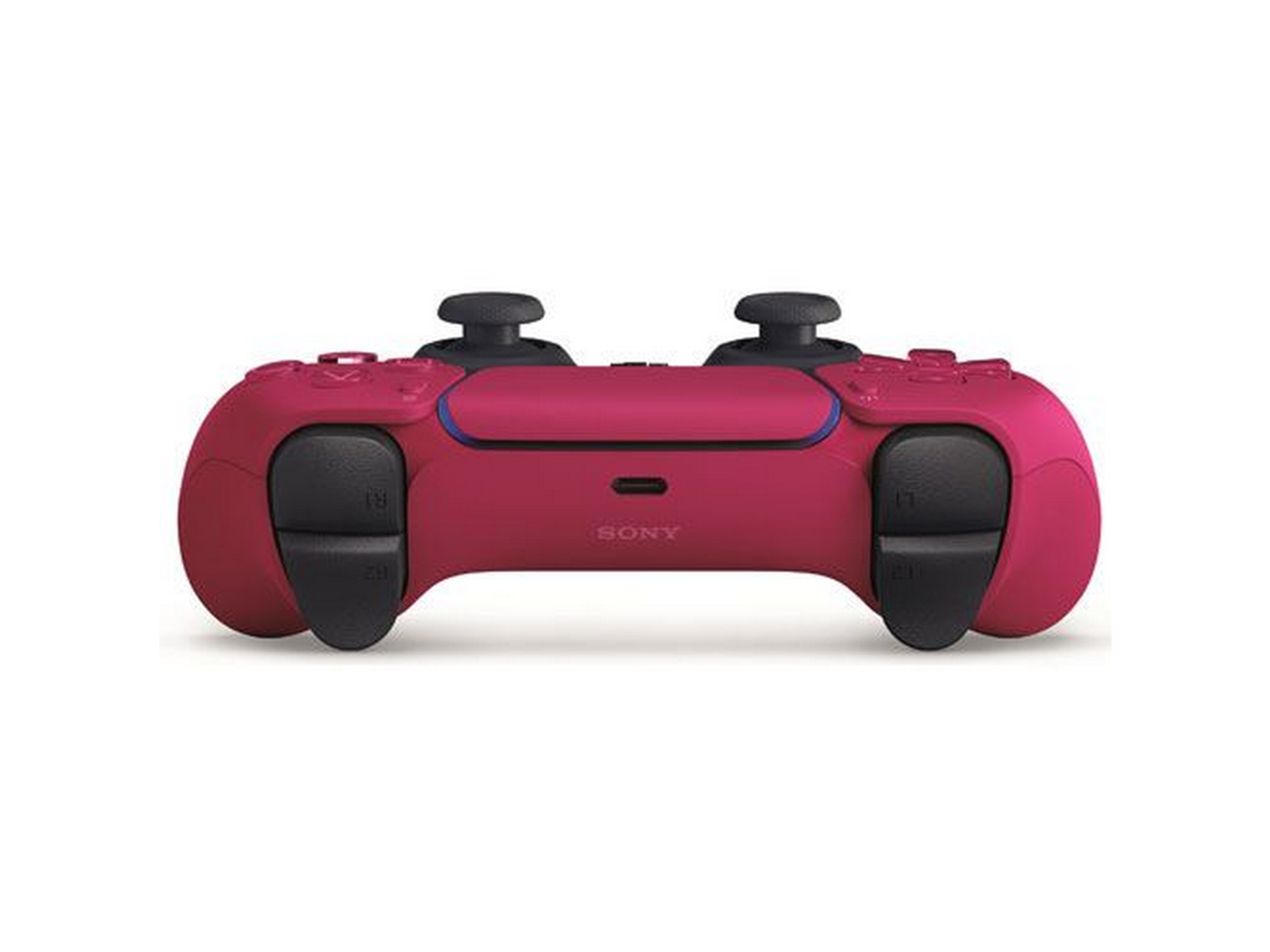 Czerwony kontroler DualSense PlayStation 5, widok z boku, z czarnymi przyciskami i joystickami.