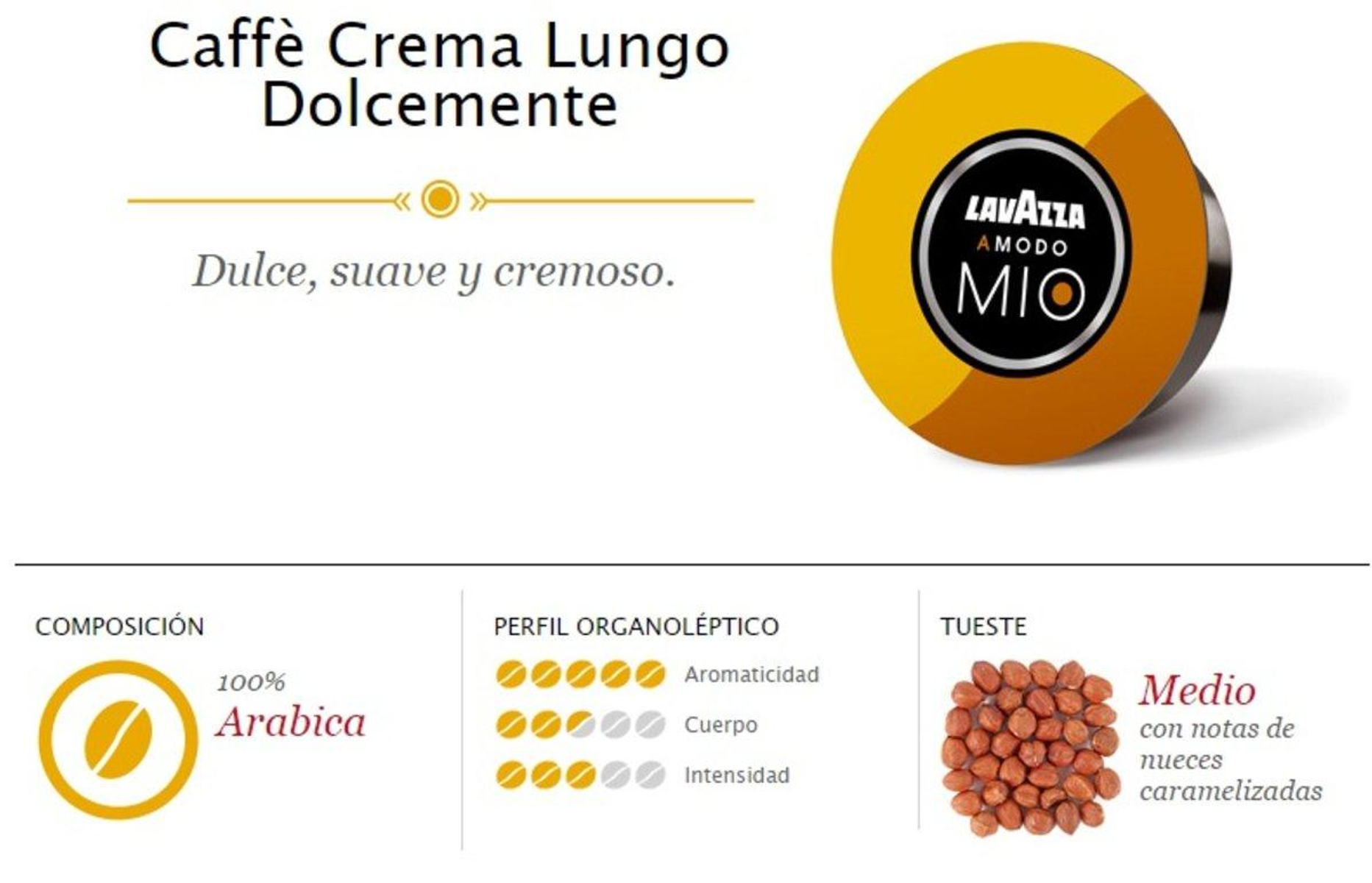 Lavazza A Modo Mio Kaffeekapsel, gelb und braun, neben Text über Caffè Crema Lungo Dolcemente.