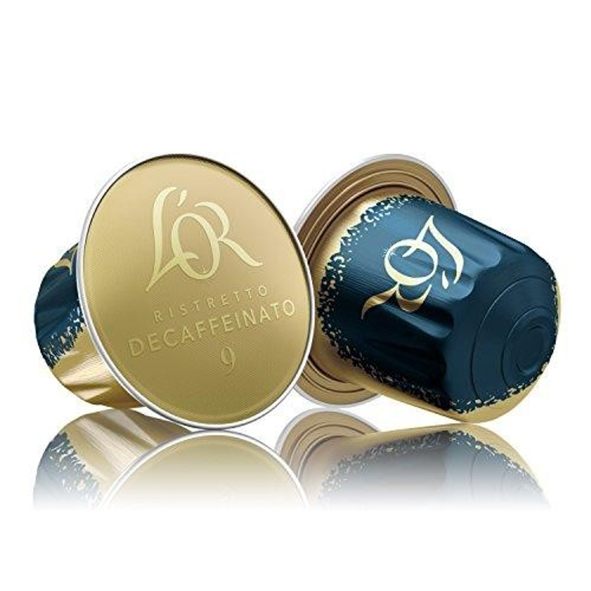 Due capsule di caffè, una dorata, una blu, con logo e testo L'OR.