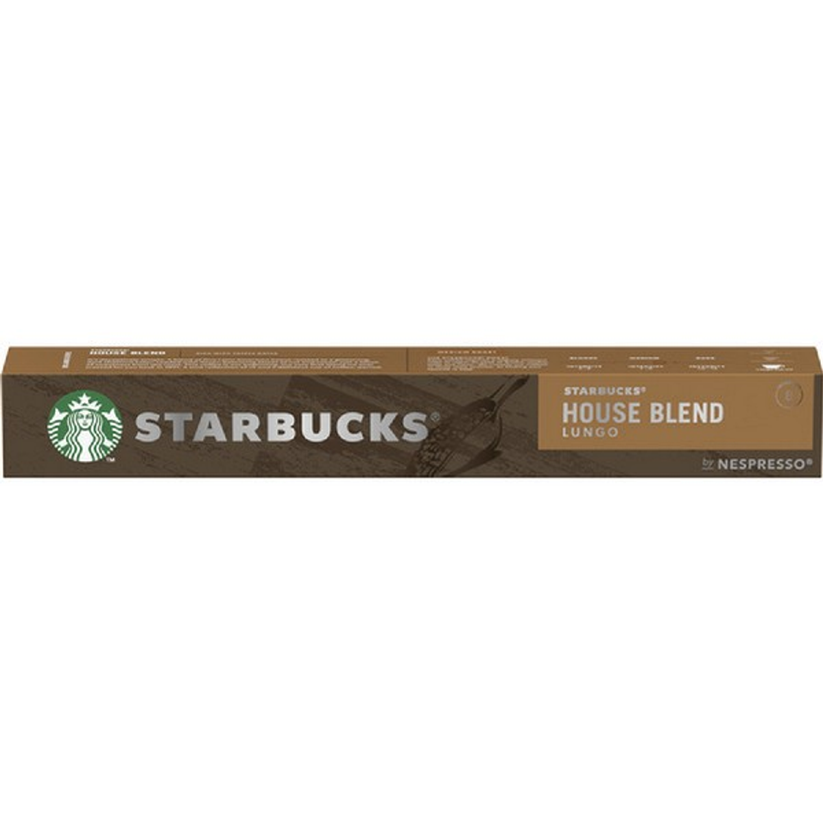 Capsule di caffè Starbucks House Blend Lungo per Nespresso in confezione marrone.